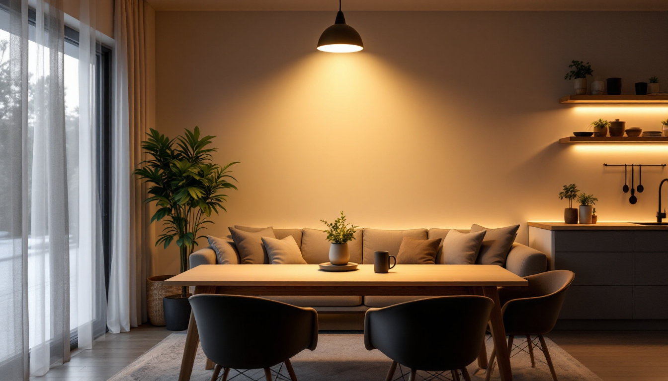 A photograph of a beautifully designed interior space illuminated by warm led flood lights