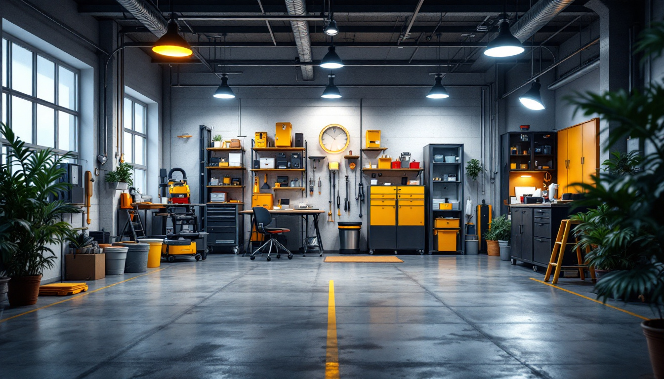 A photograph of a well-lit garage showcasing various types of lighting fixtures