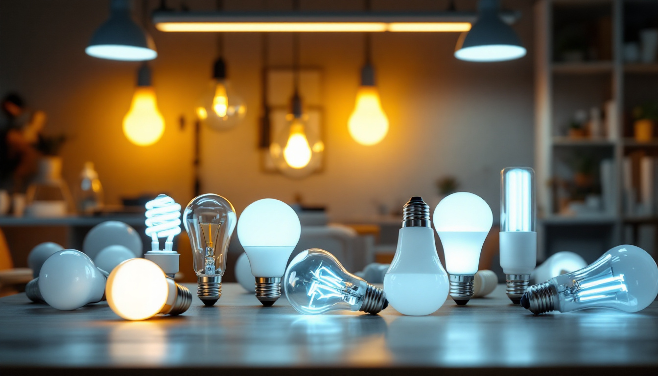 A photograph of a well-lit workspace featuring various types of fluorescent bulbs