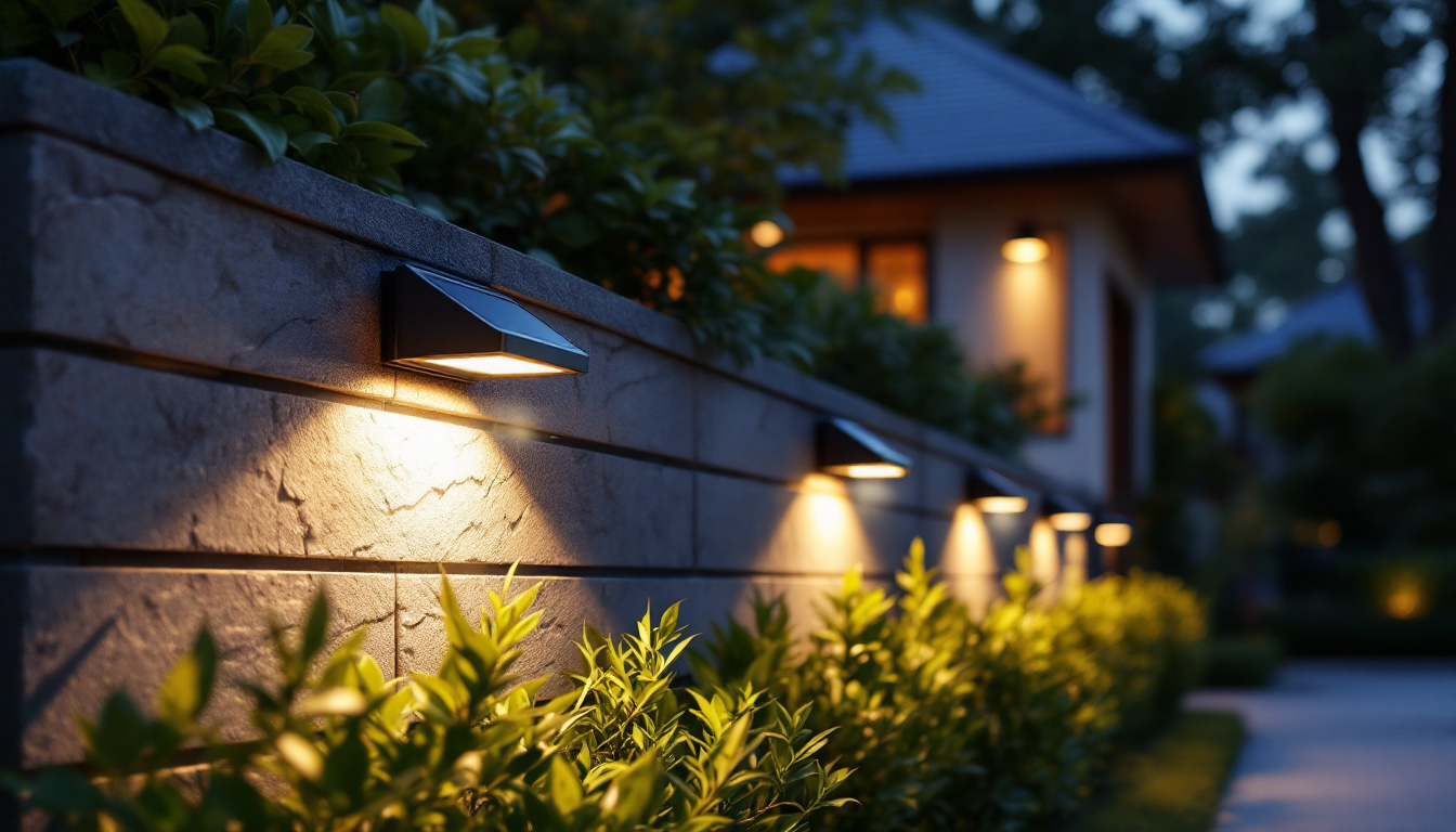 A photograph of a beautifully illuminated outdoor space featuring solar wall lights in action