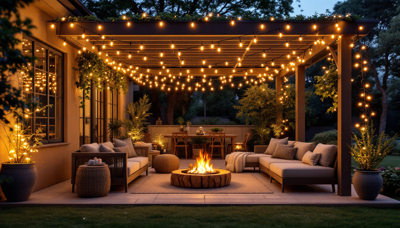 A photograph of a beautifully decorated covered patio in the evening
