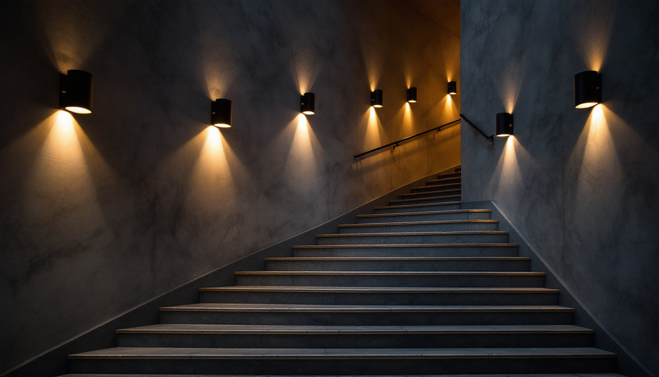 A photograph of a beautifully designed staircase illuminated by stylish lighting fixtures