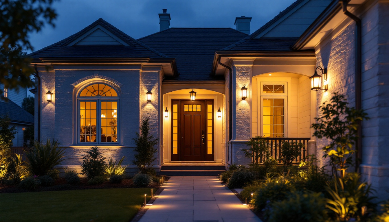 A photograph of a beautifully illuminated exterior of a house at dusk