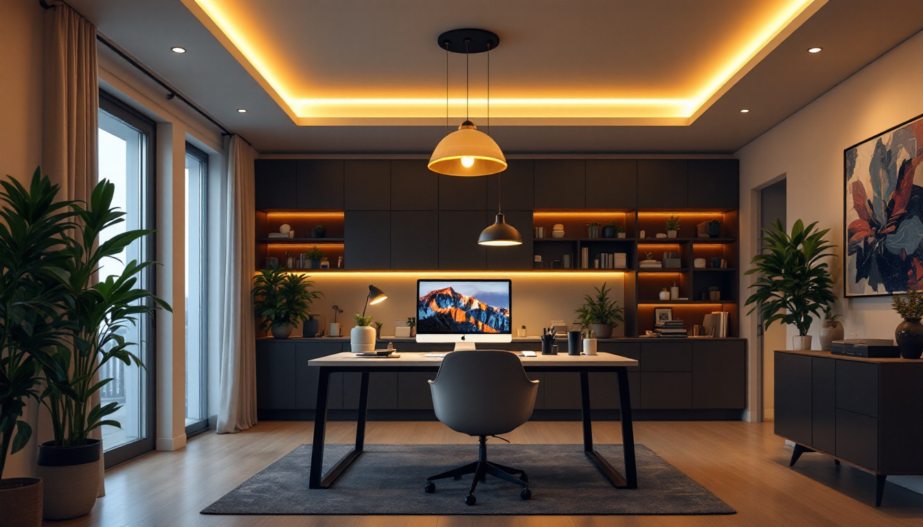 A photograph of a stylish home office featuring a well-lit ceiling fixture that highlights the workspace