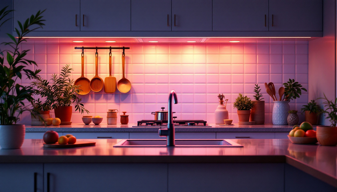 A photograph of a beautifully illuminated kitchen countertop featuring under-counter led lights