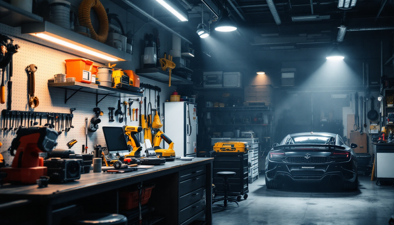 A photograph of a well-lit garage showcasing various led lighting options