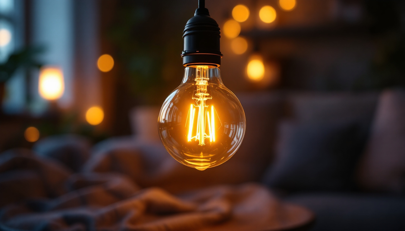A photograph of a standard light bulb illuminated in a cozy