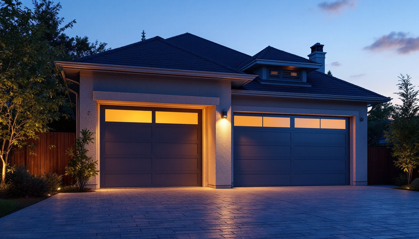 A photograph of a beautifully illuminated garage door at dusk