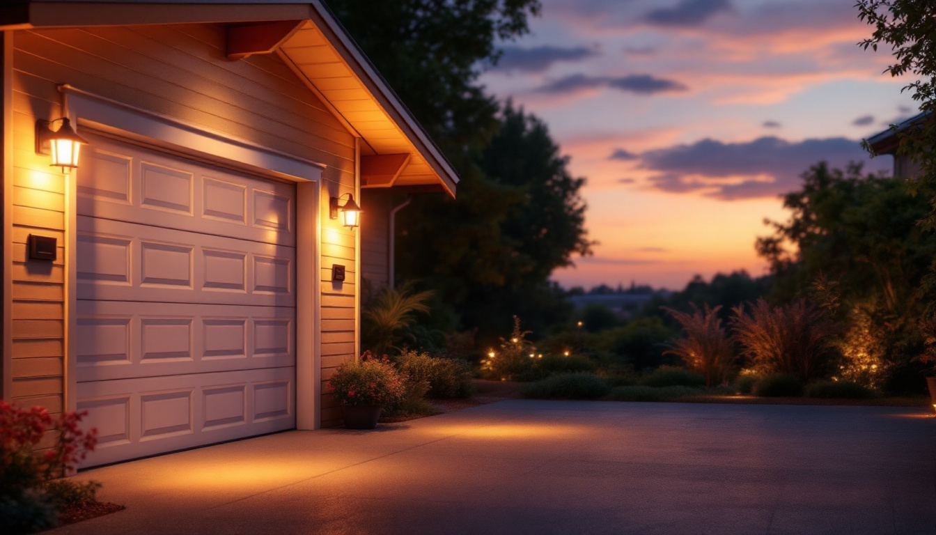 A photograph of a beautifully illuminated outdoor garage at dusk