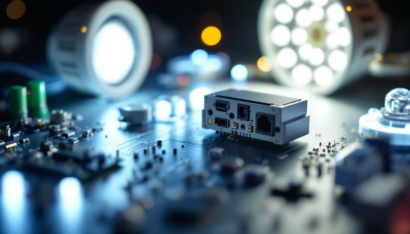A photograph of a close-up shot of a modern led driver alongside various led lights and a circuit board