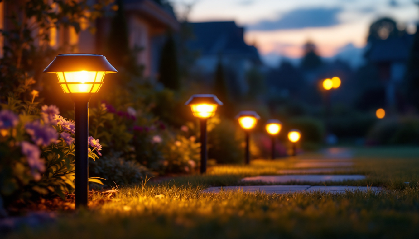 A photograph of a beautifully lit outdoor scene featuring solar accent lights illuminating garden pathways or landscaping