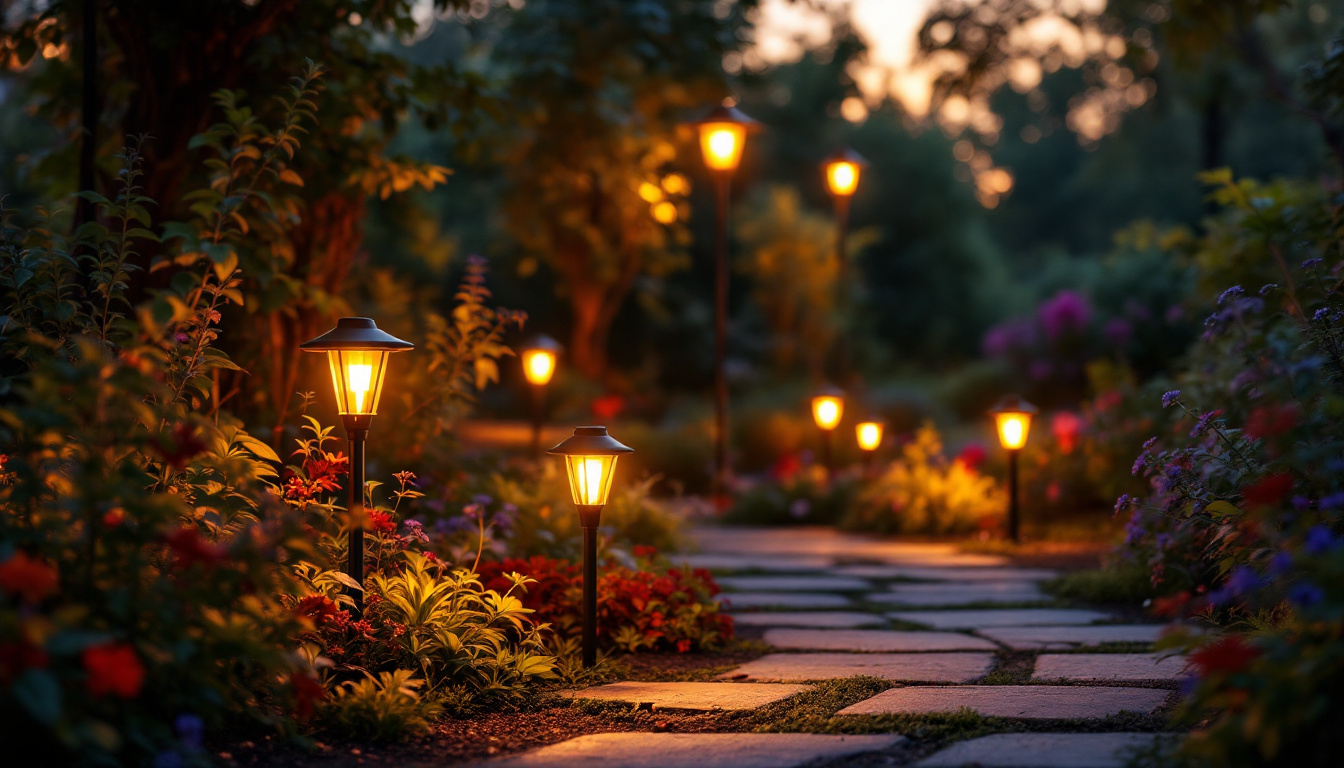 A photograph of a beautifully illuminated outdoor garden scene at dusk