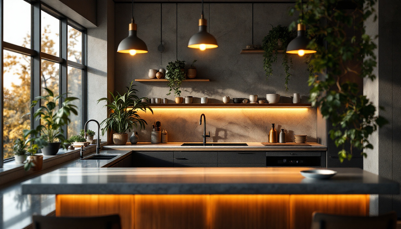A photograph of a stylish kitchen bar area illuminated by warm