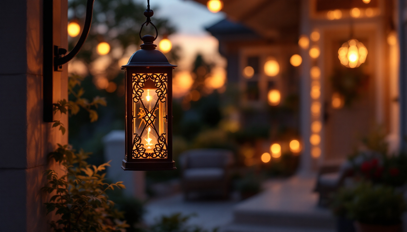 A photograph of a beautifully designed hanging porch lantern illuminated at dusk