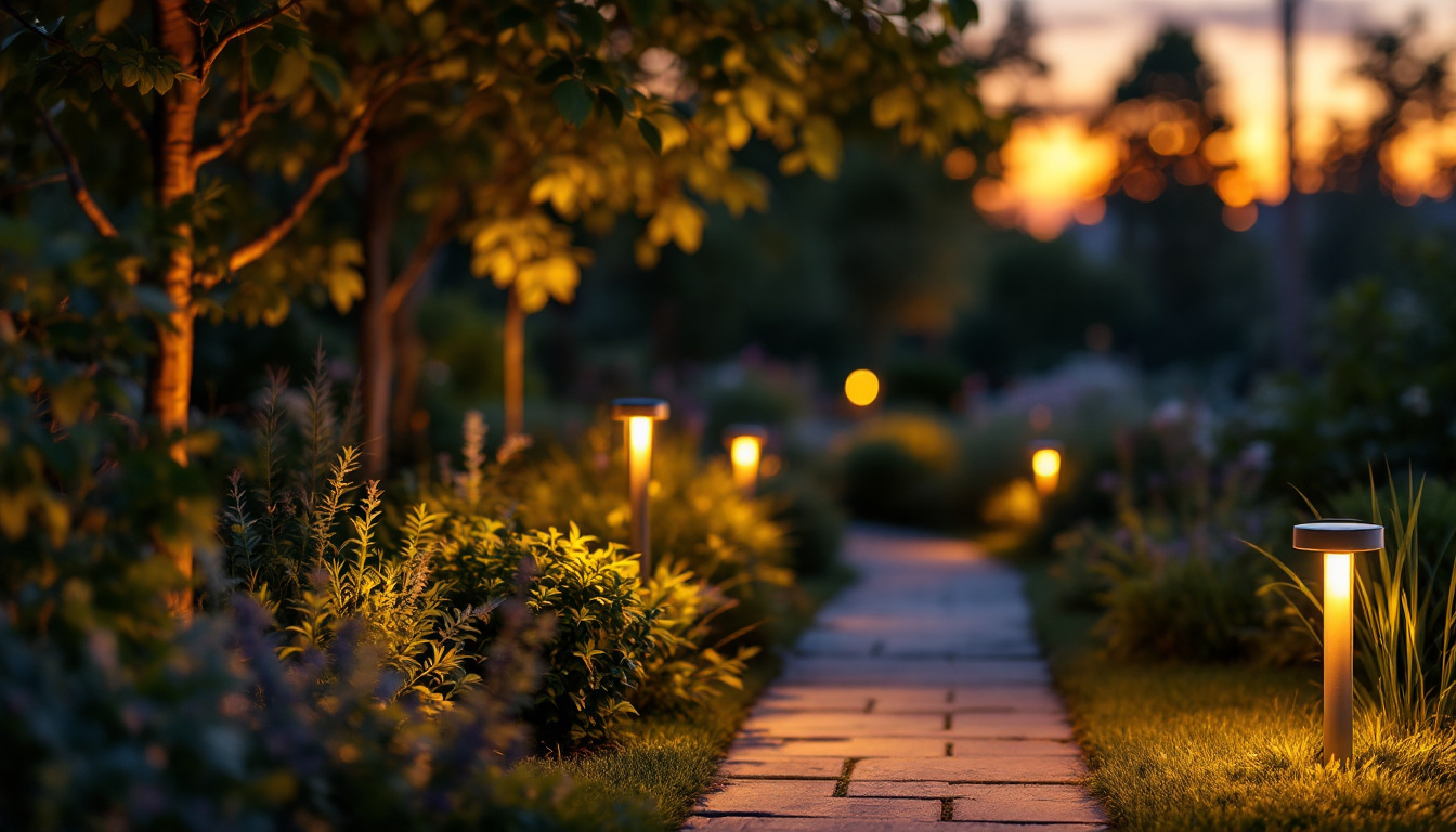 A photograph of a solar pole light illuminating a pathway or garden at dusk