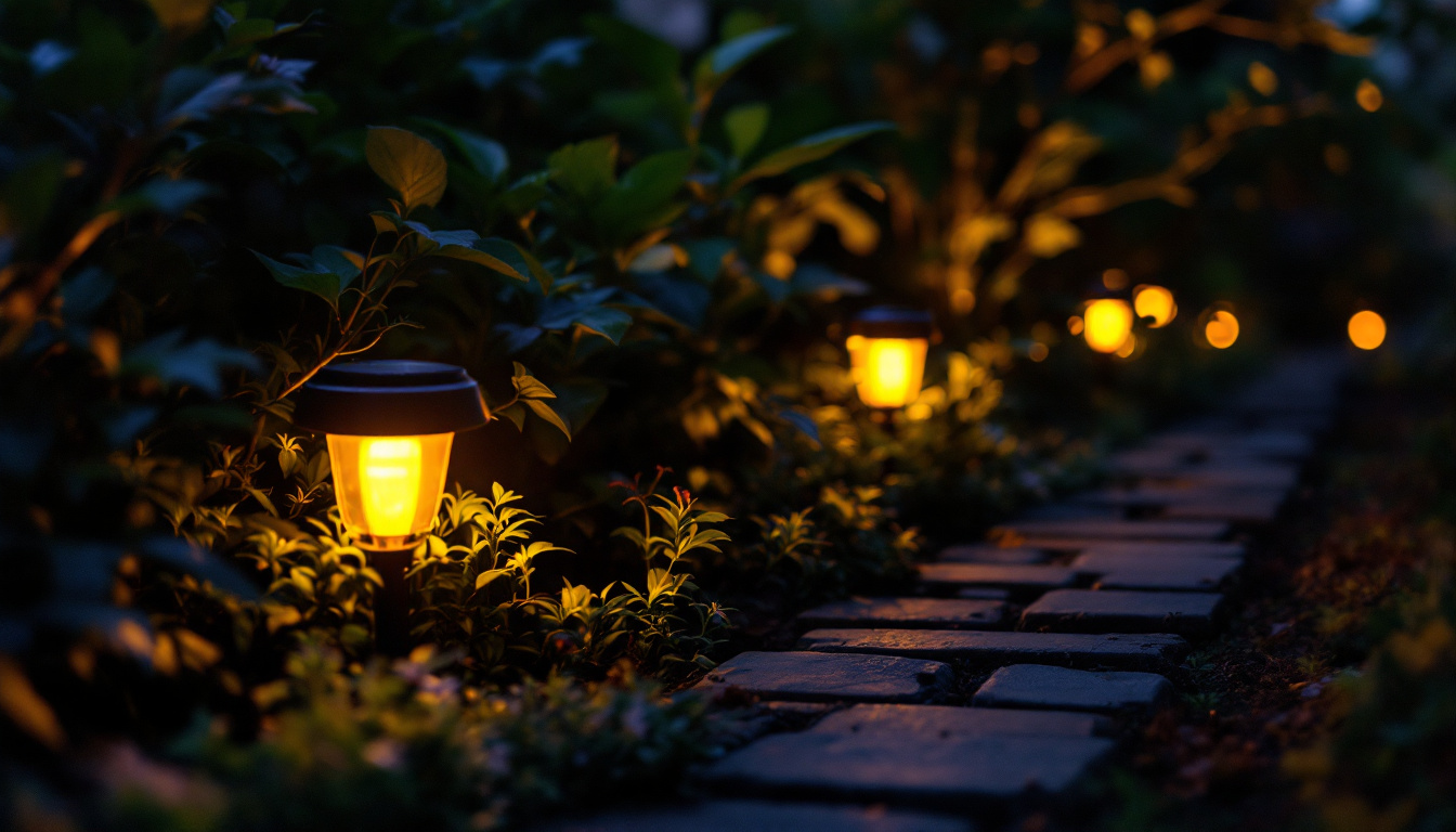 A photograph of a dimly lit garden scene featuring solar garden lights