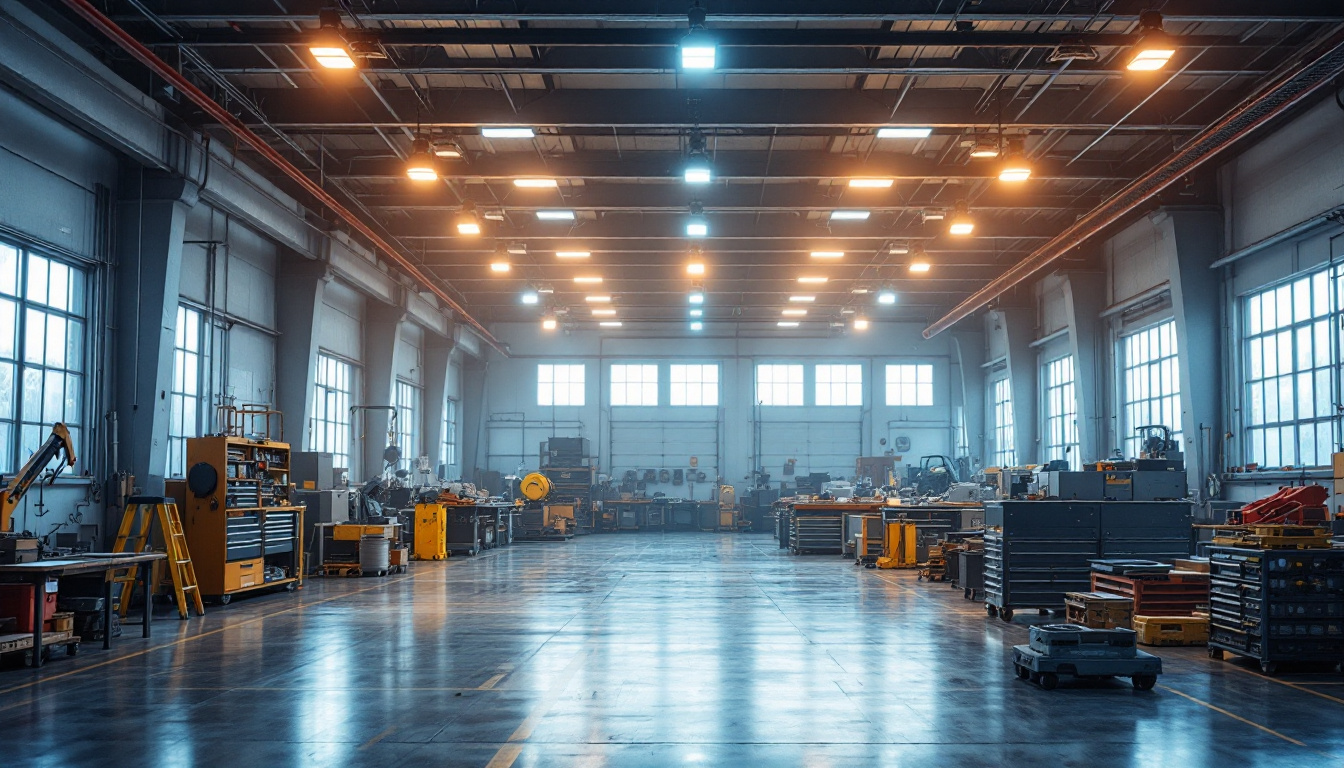A photograph of a spacious industrial workshop illuminated by bright led high bay shop lights