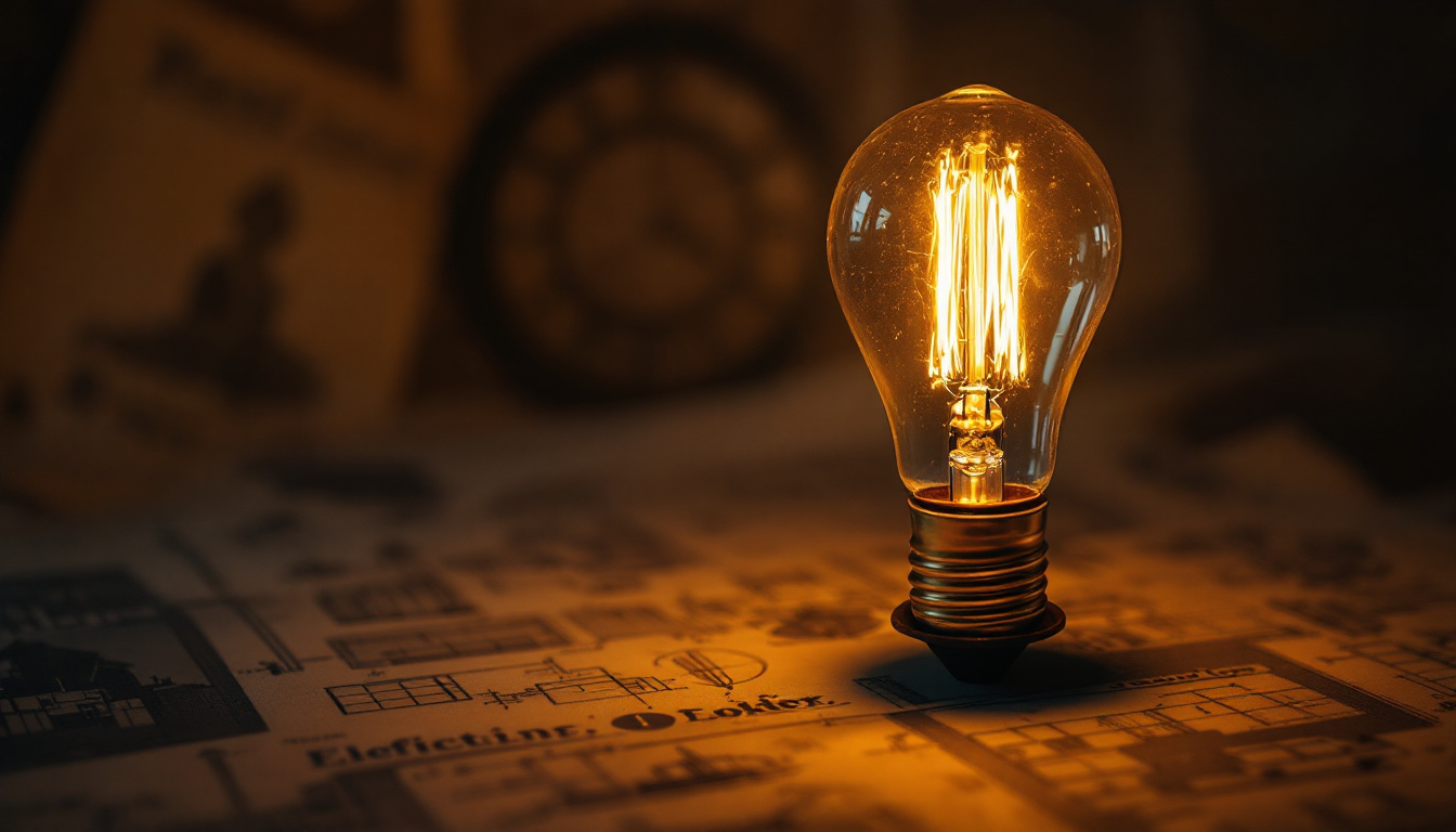 A photograph of a vintage light bulb glowing softly in a dimly lit setting