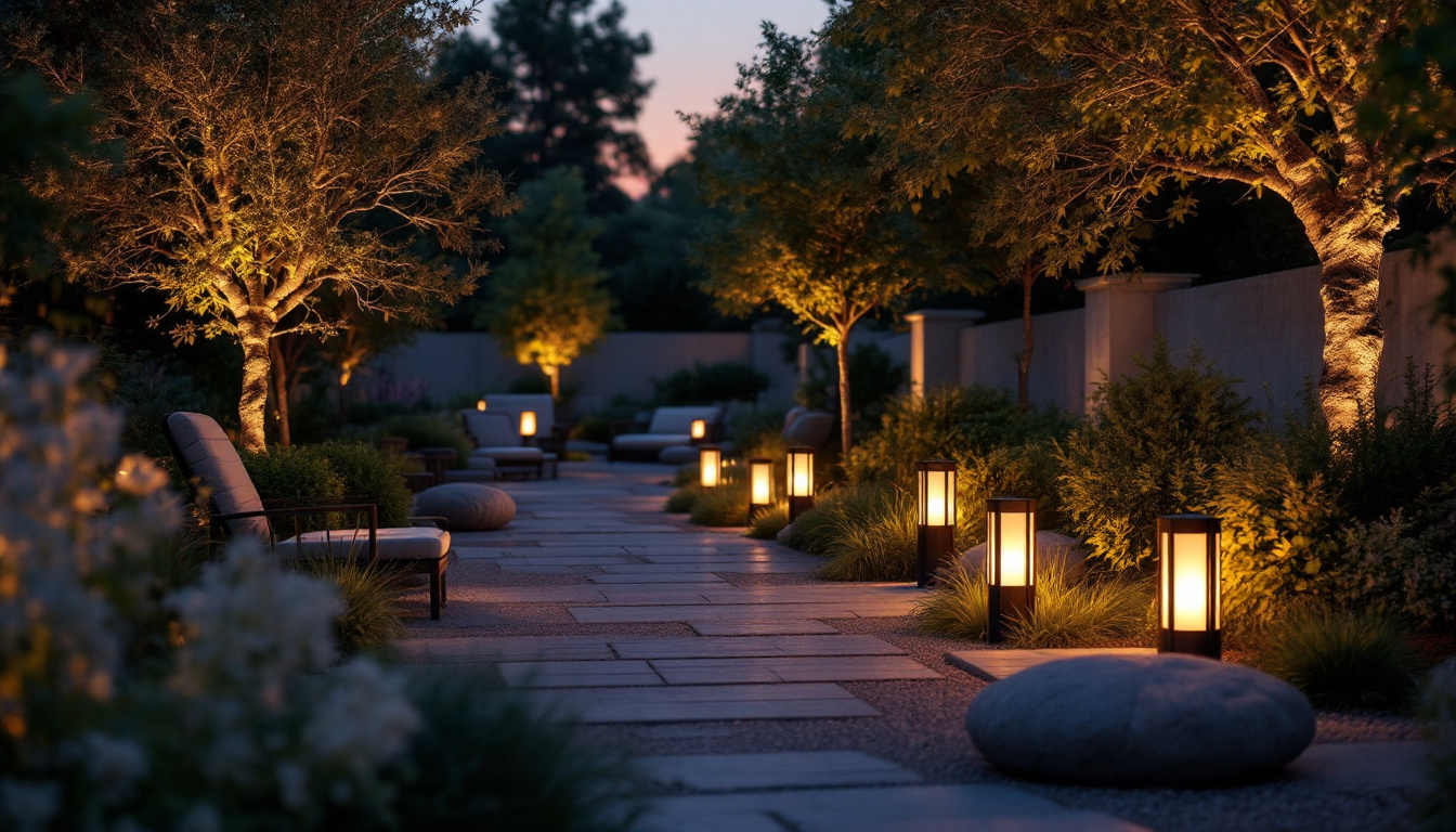 A photograph of capture a photograph of a beautifully landscaped outdoor space illuminated by various led fixtures at dusk