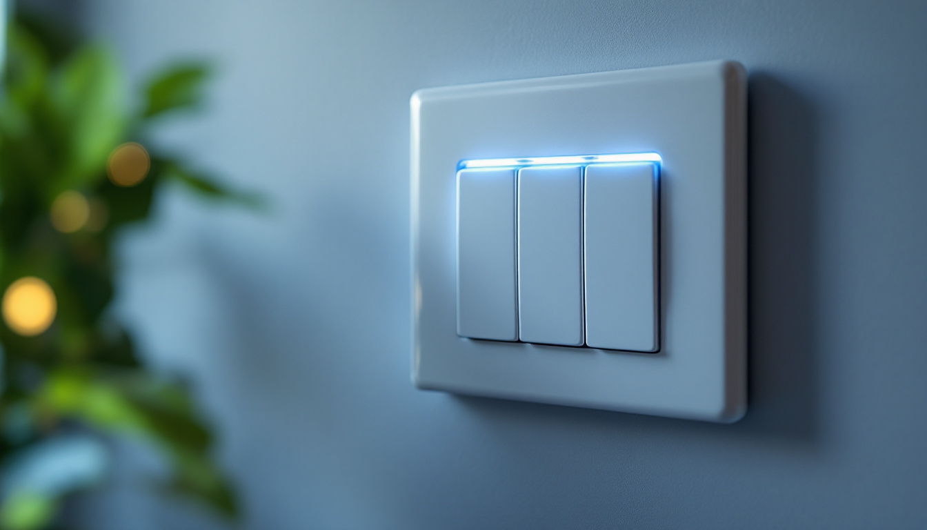 A photograph of a stylish and modern three-way electrical switch installed in a well-lit room