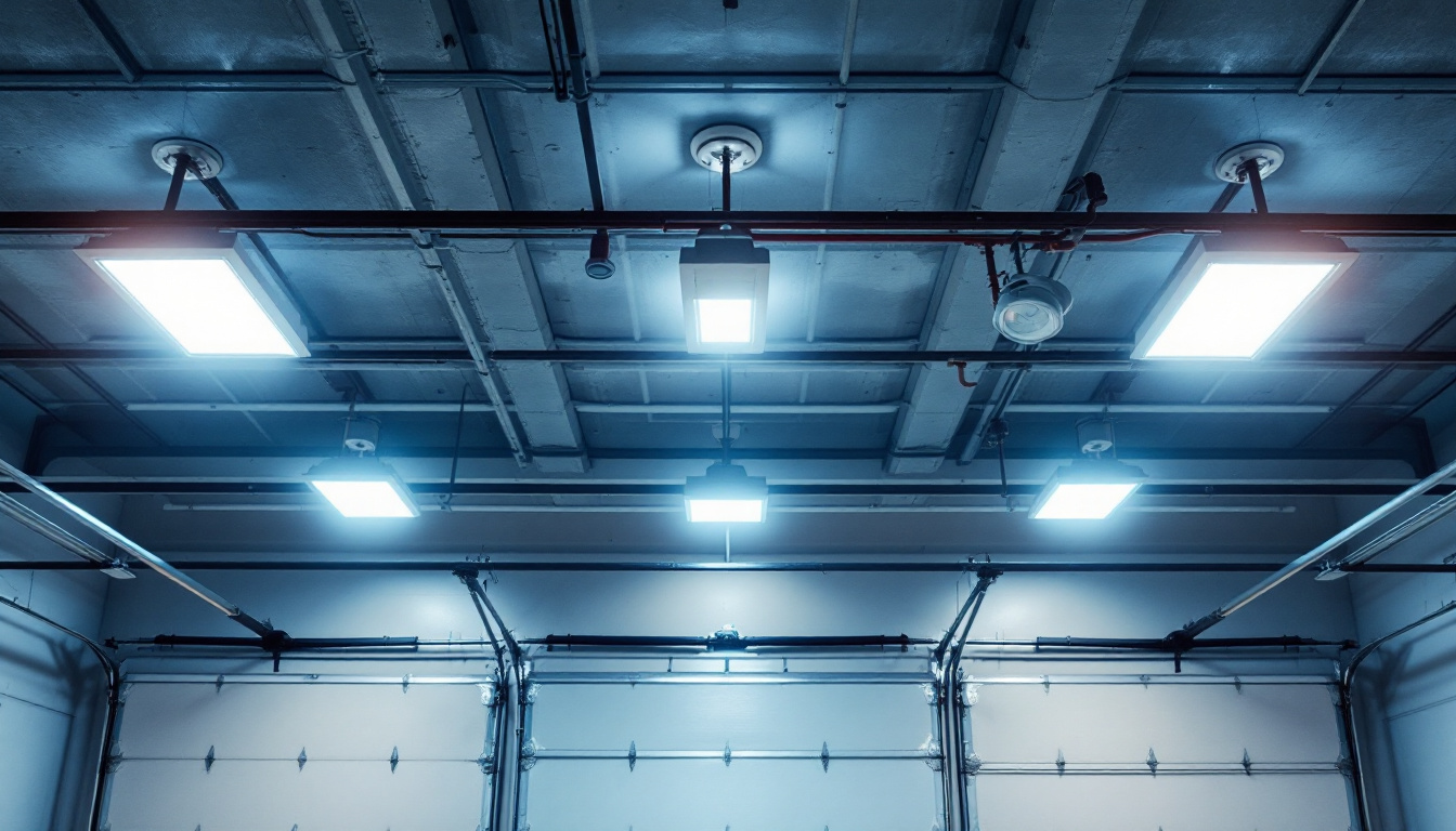 A photograph of a well-lit overhead garage featuring various types of lighting fixtures
