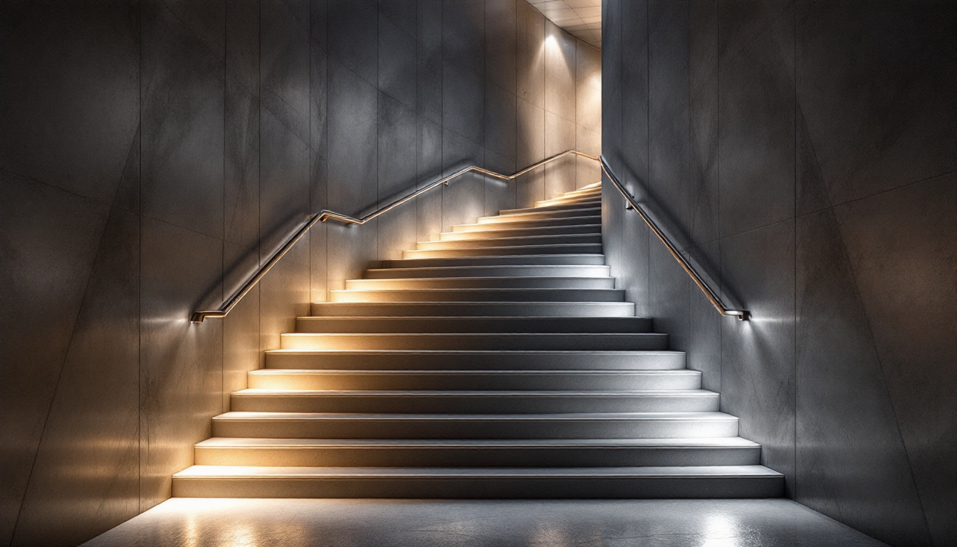 A photograph of a beautifully designed indoor stairway illuminated by strategically placed lighting fixtures
