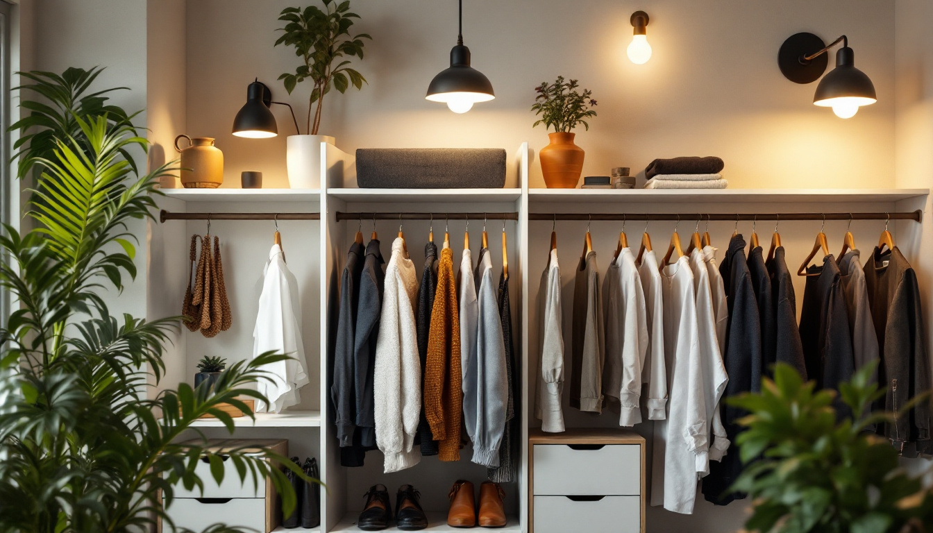 A photograph of a well-organized closet featuring a variety of stylish light fixtures