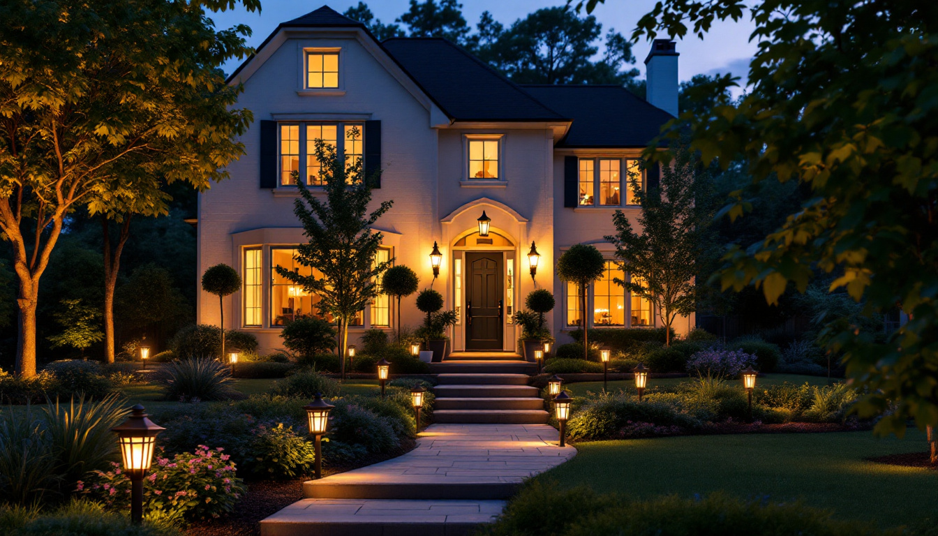 A photograph of a beautifully illuminated front yard at dusk