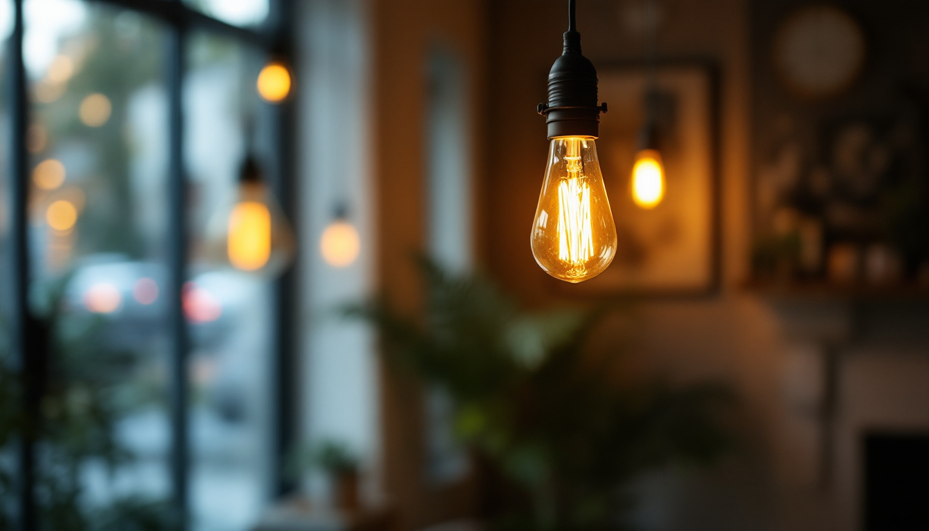 A photograph of a stylish light bulb pendant lamp hanging in a cozy