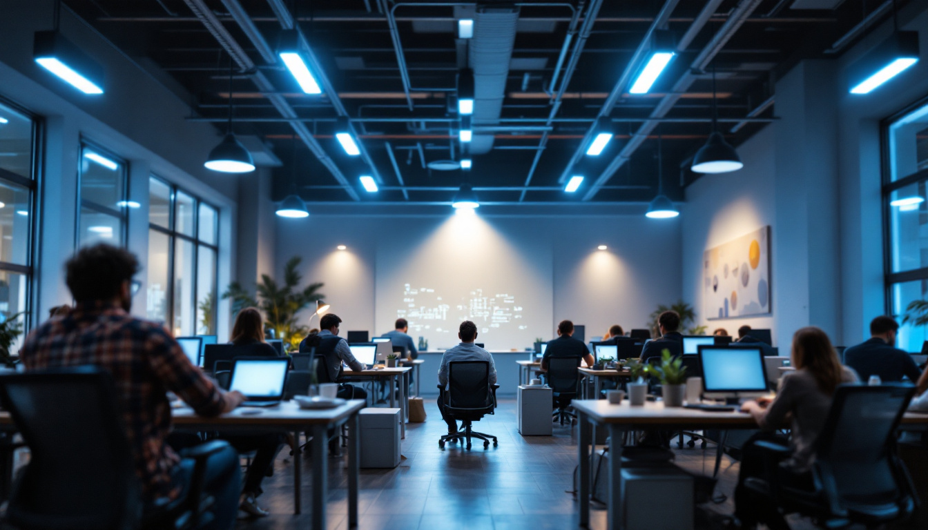 A photograph of a modern office space illuminated by bright