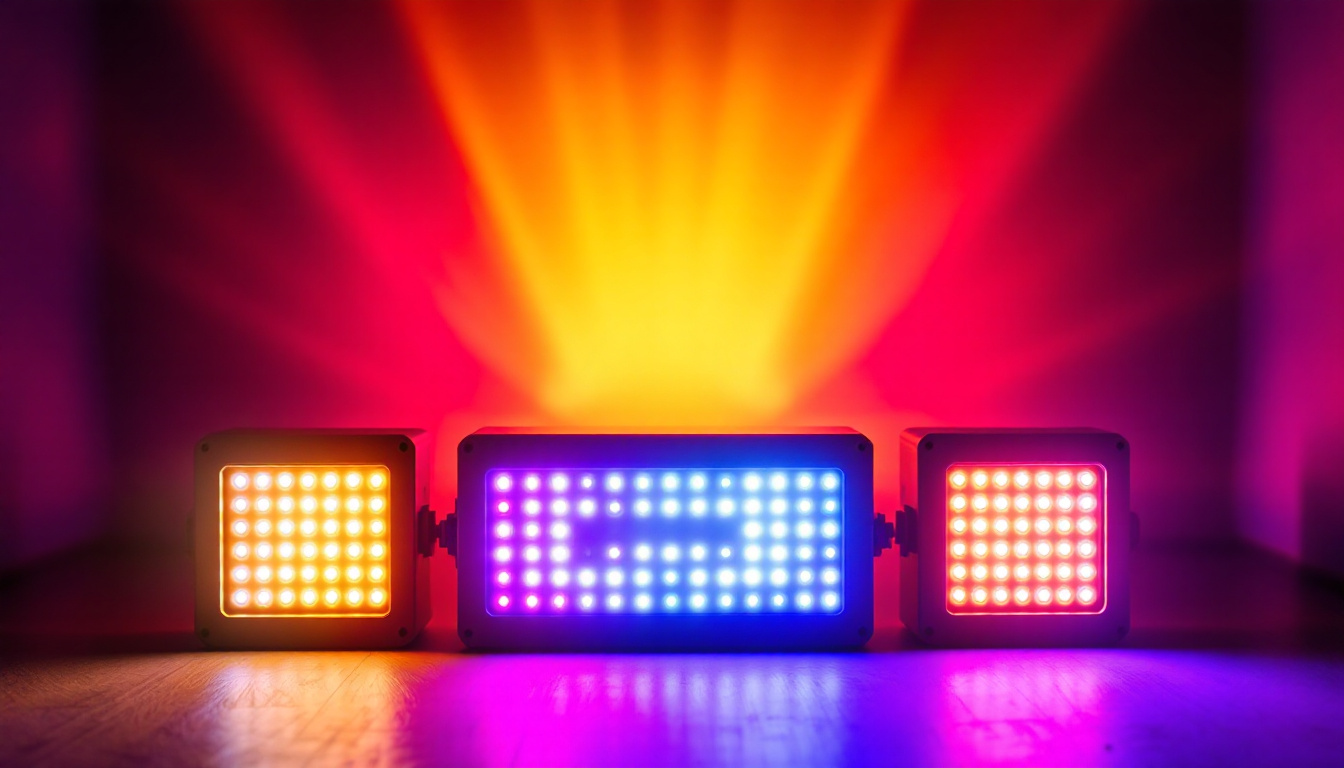 A photograph of a vibrant display of four different led lights in various settings