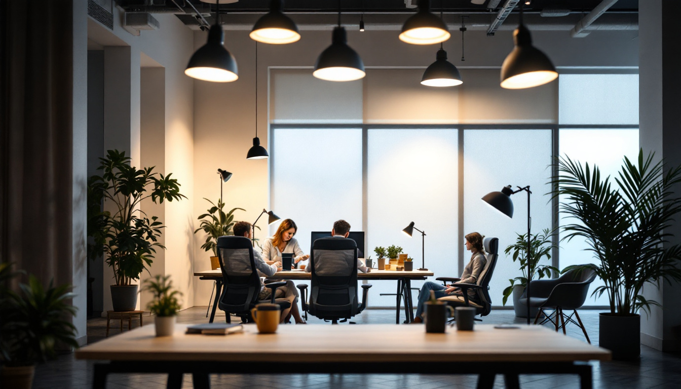A photograph of a modern commercial led lighting setup in a well-lit workspace