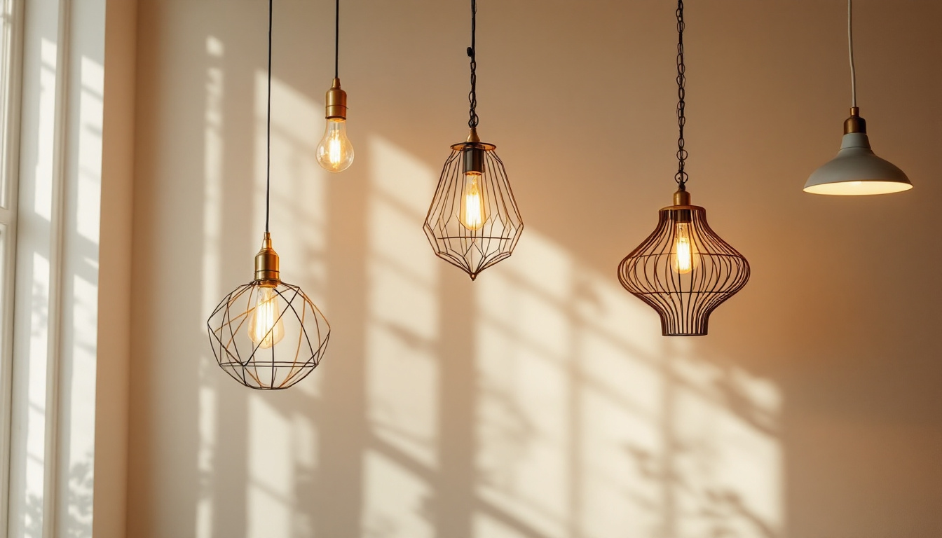 A photograph of a beautifully styled room featuring various hanging light fixtures at different heights