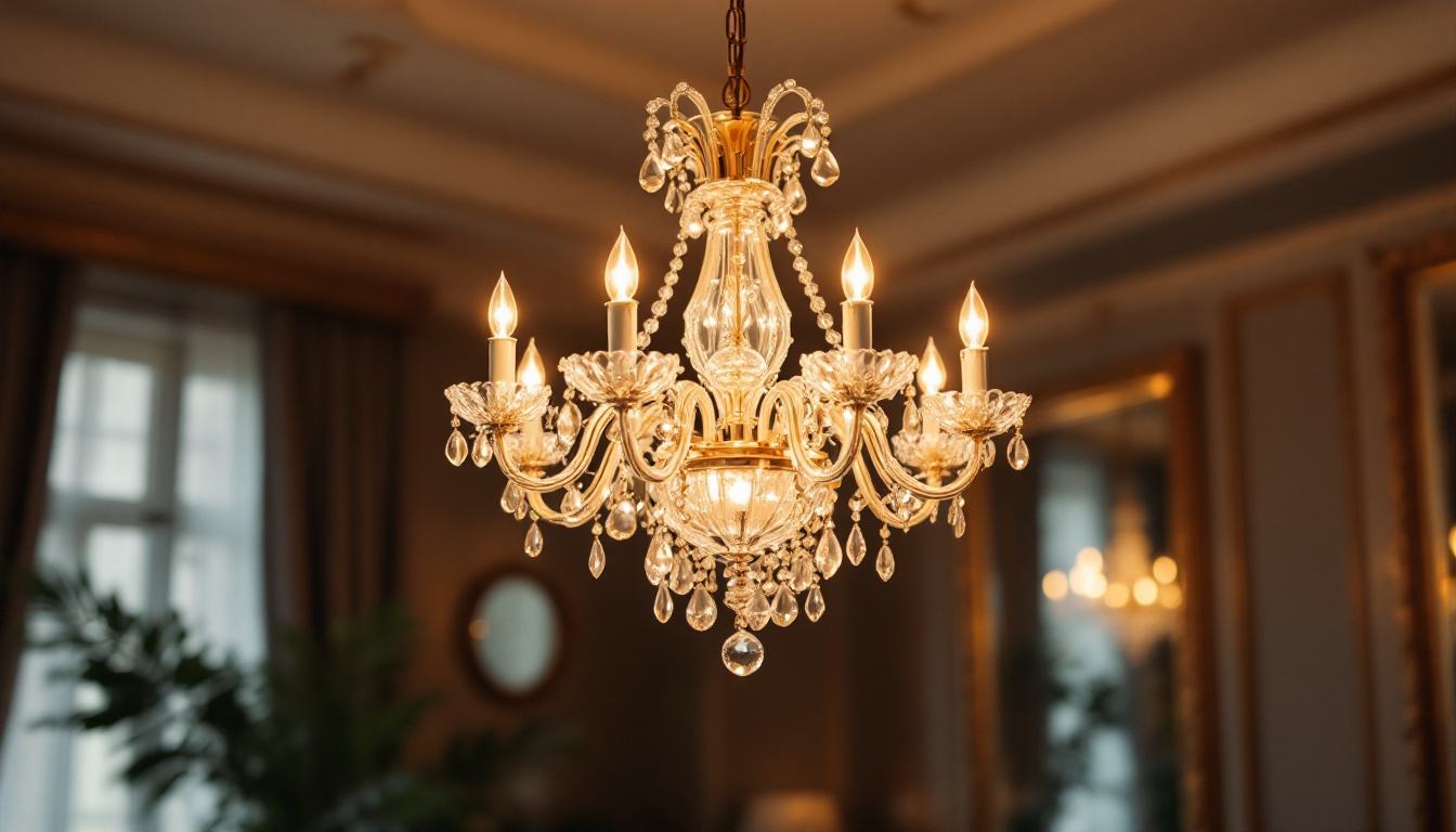 A photograph of a beautifully designed chandelier hanging in an elegantly lit room