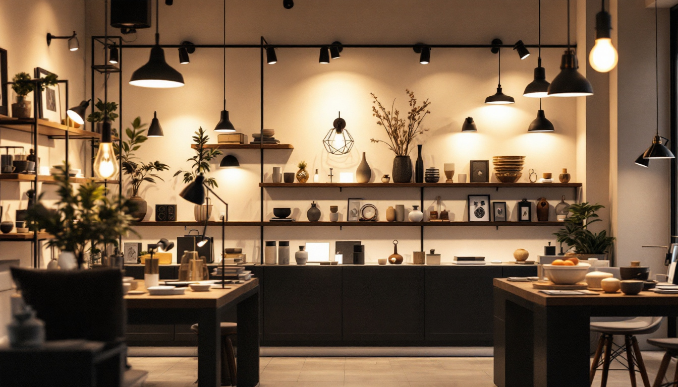 A photograph of a well-lit retail space showcasing various types of shop lighting fixtures
