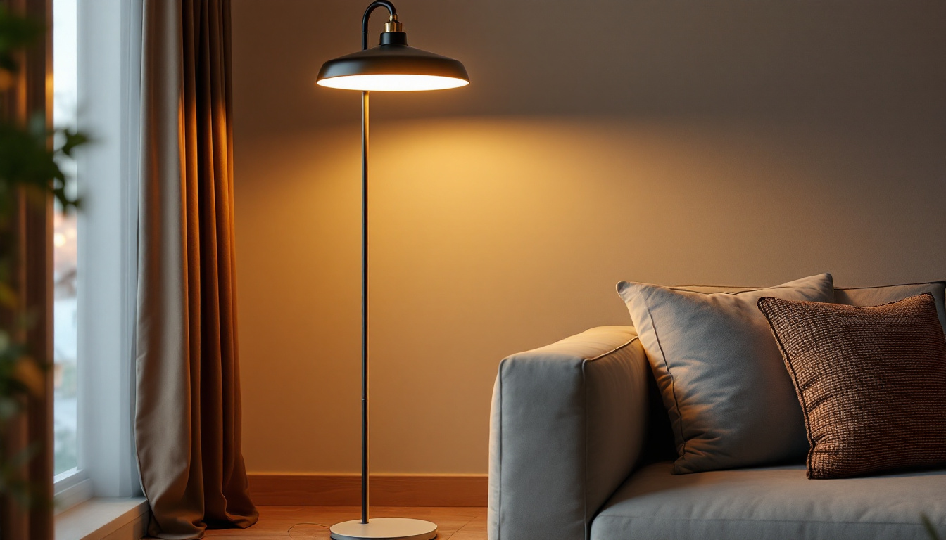 A photograph of a stylish industrial floor lamp in a cozy