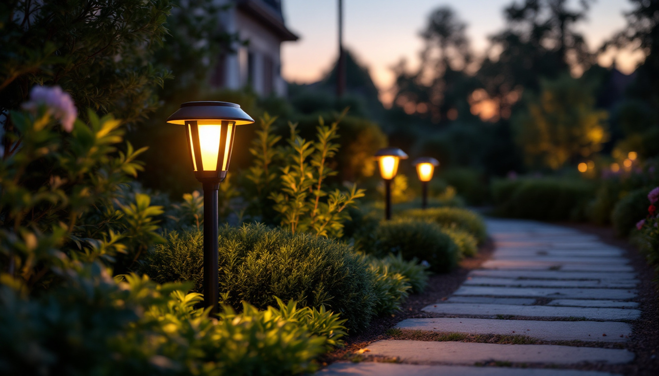 A photograph of a beautifully landscaped pathway illuminated by an array of stylish solar-powered path lights at dusk