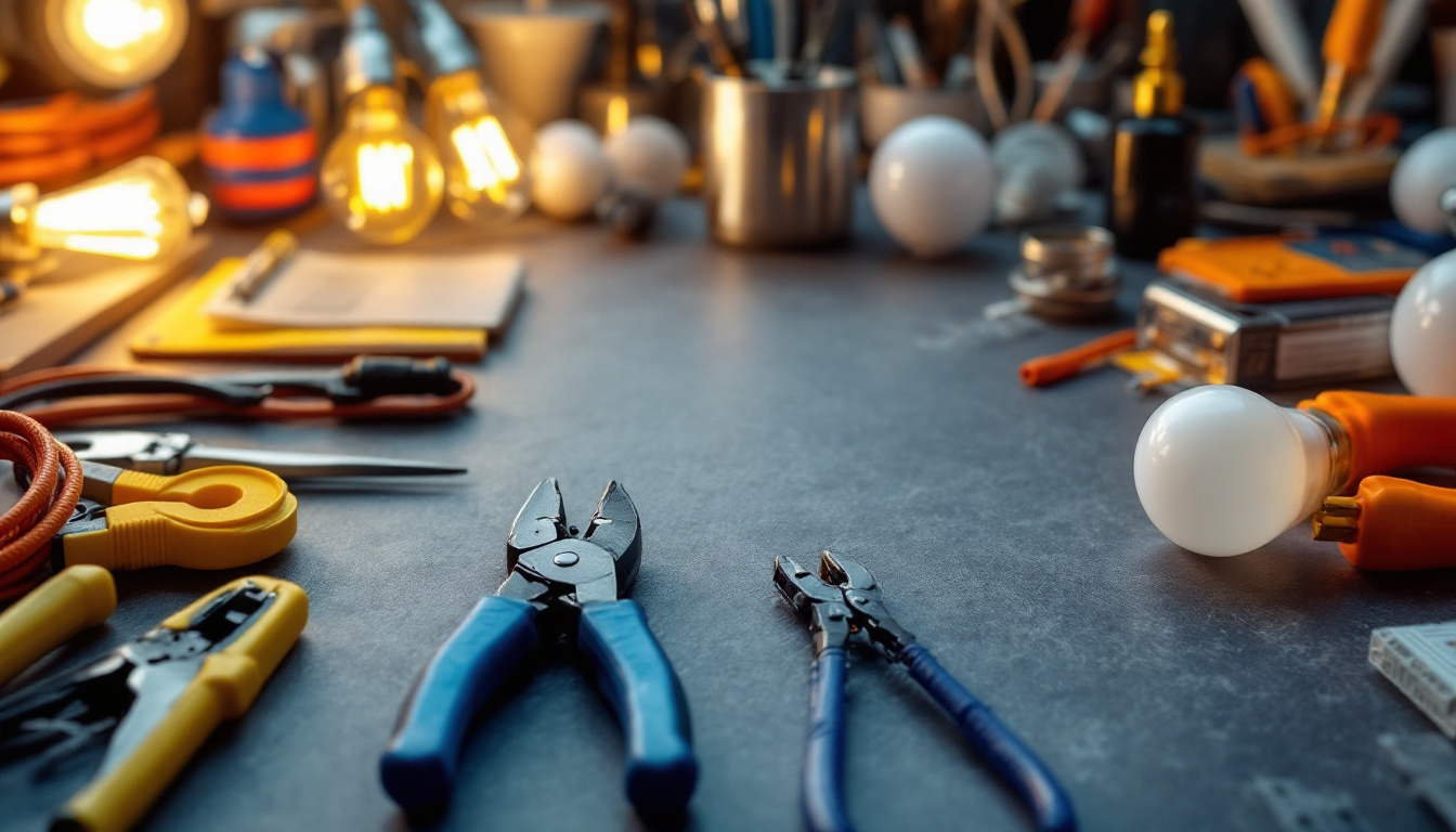 A photograph of a well-organized assortment of wiring tools