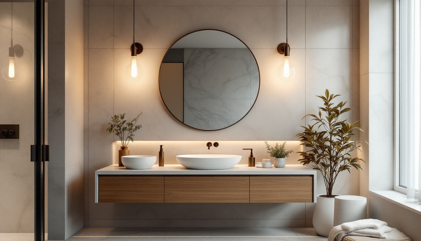 A photograph of a beautifully styled bathroom or vanity space featuring a variety of elegant lighting fixtures