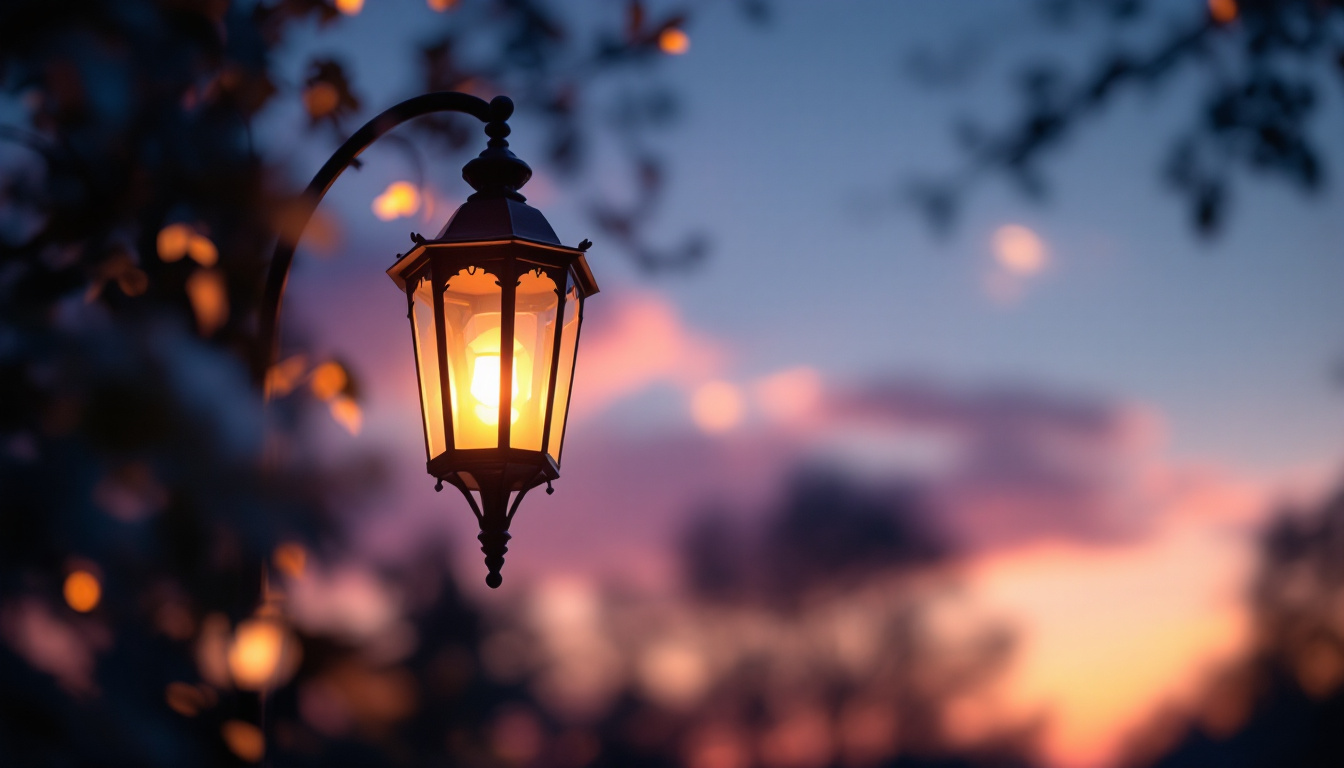 A photograph of a beautifully illuminated lantern post in a serene evening setting