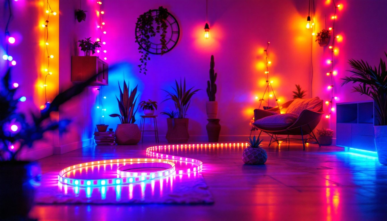A photograph of a vibrant and creatively arranged scene featuring a 100-foot led strip light installation