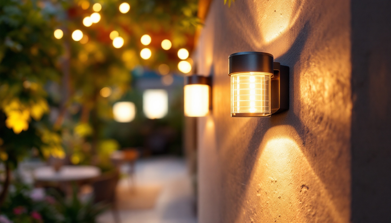 A photograph of a beautifully lit outdoor space featuring wall mount solar lights in action during dusk