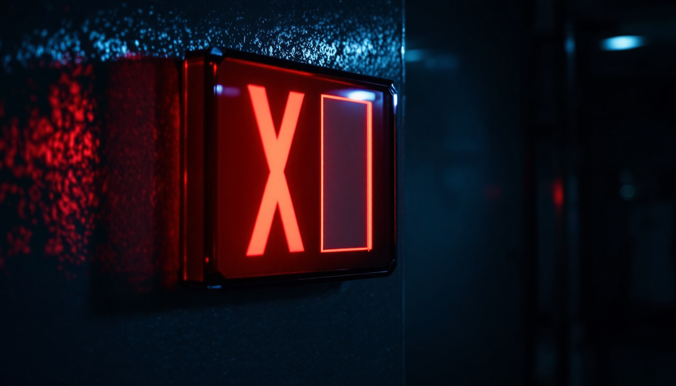 A photograph of an illuminated emergency exit sign in a dimly lit environment