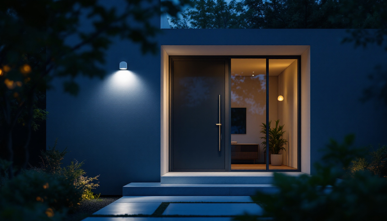 A photograph of a modern entryway featuring a stylish light sensor in action at dusk