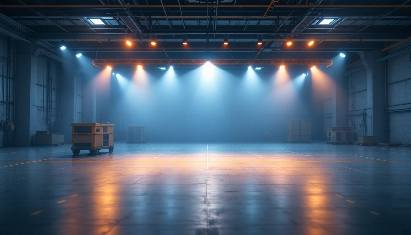 A photograph of a spacious industrial setting showcasing highbay led lighting in action