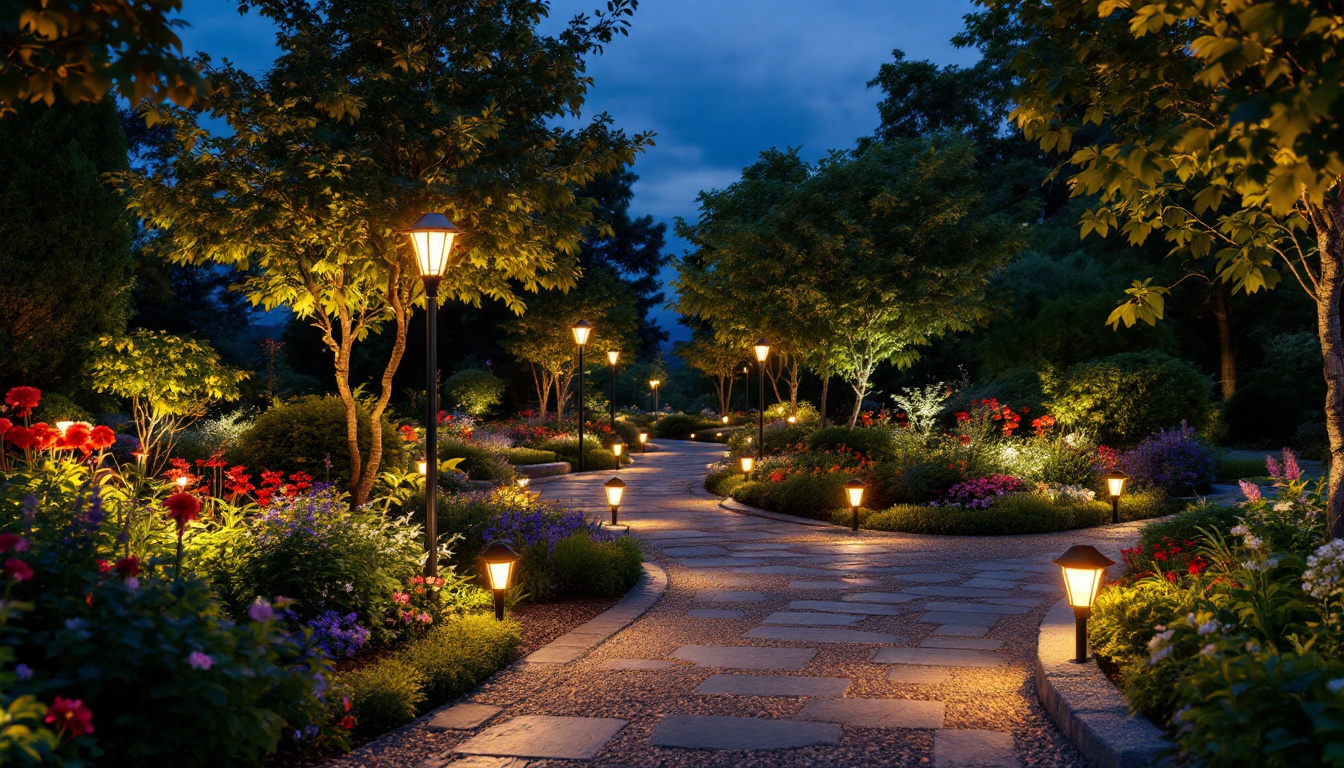 A photograph of a beautifully landscaped garden at dusk