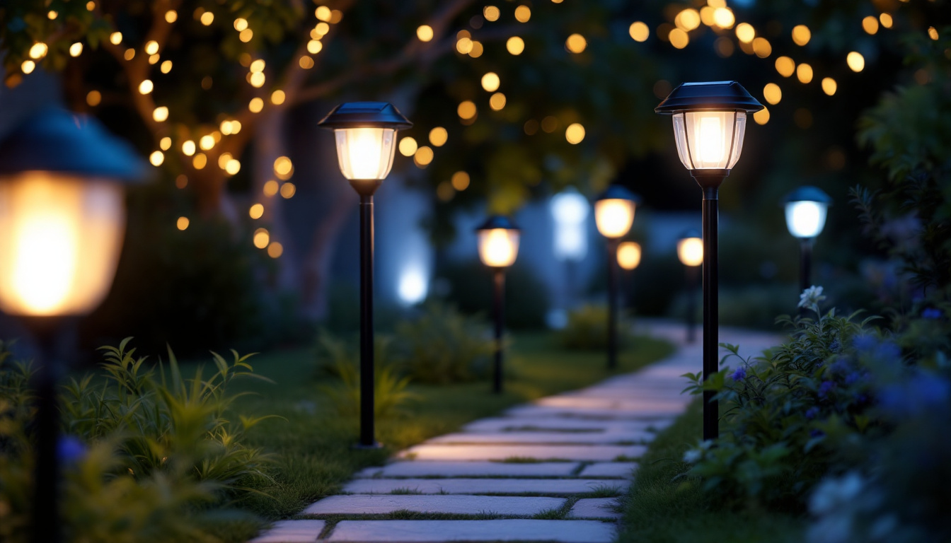 A photograph of a beautifully lit outdoor space showcasing various styles of solar pole lights illuminating a garden or pathway at dusk