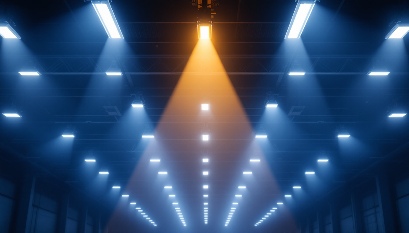 A photograph of a spacious industrial or commercial setting illuminated by high bay led lights