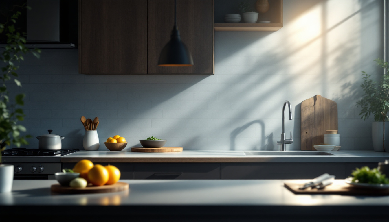 A photograph of a well-lit kitchen scene that showcases various types of commercial video lighting setups