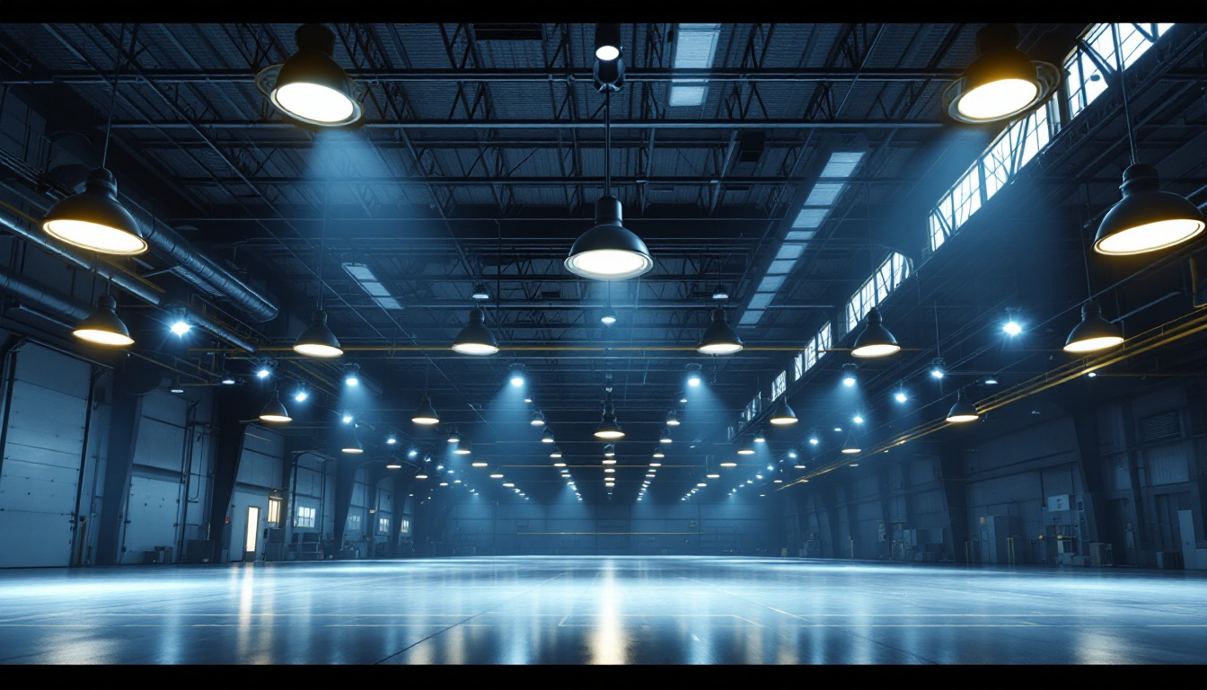 A photograph of a well-lit warehouse interior showcasing various types of industrial lighting fixtures